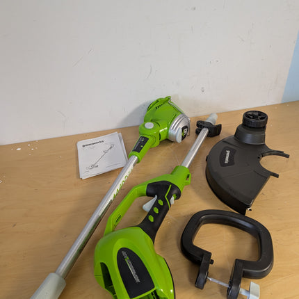 Greenworks STF305 trimmer parts as shipped, disassembled