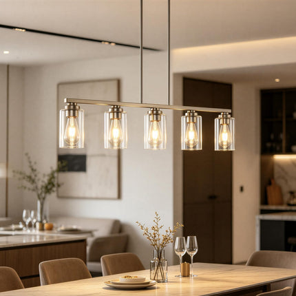 HEERTAI brushed nickel 5-light linear pendant light over a dining table