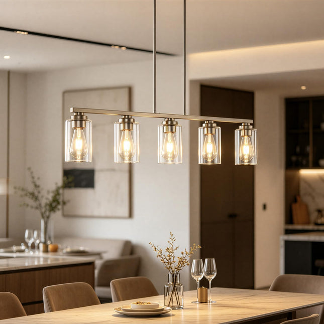 HEERTAI brushed nickel 5-light linear pendant light over a dining table