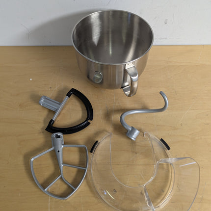 Actual unit: KitchenAid 7 qt bowl, pouring shield, beaters and dough hook