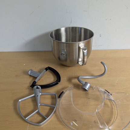 Actual unit: KitchenAid 7 qt bowl, pouring shield, beaters and dough hook
