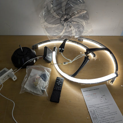 Actual unit: Linboro 20 inch ceiling fan with LED rings lit, remote and hardware
