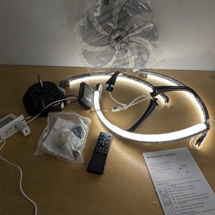 Actual unit: Linboro 20 inch ceiling fan with LED rings lit, remote and hardware