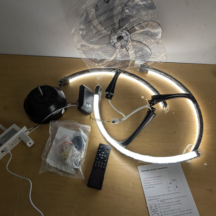 Actual unit: Linboro 20 inch ceiling fan with LED rings lit, remote and hardware