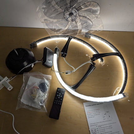 Actual unit: Linboro 20 inch ceiling fan with LED rings lit, remote and hardware