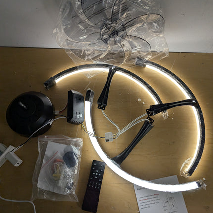 Actual unit: Linboro 20 inch ceiling fan with LED rings lit, remote and hardware