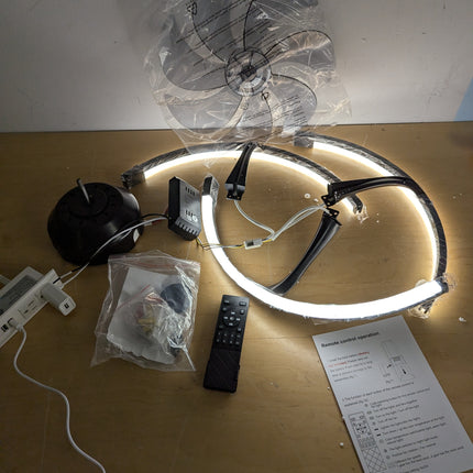 Actual unit: Linboro 20 inch ceiling fan with LED rings lit, remote and hardware