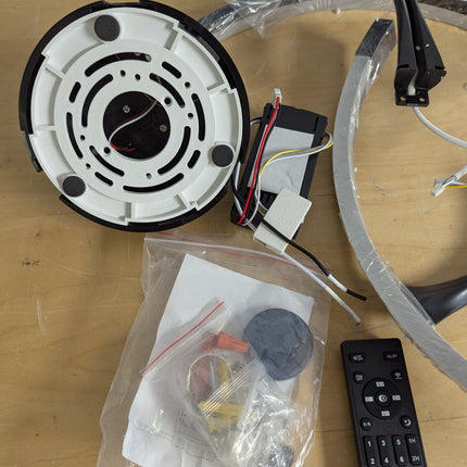 Actual unit: Linboro fan motor base, remote and mounting hardware bag