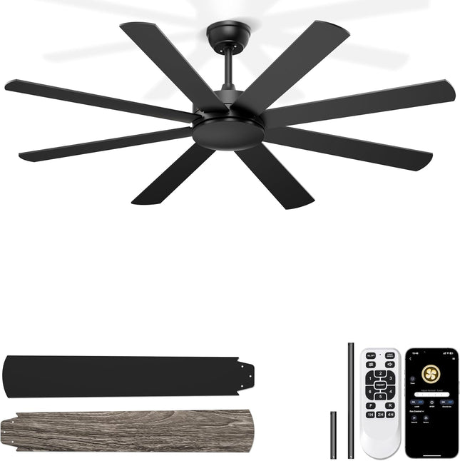 Phylluz 60 inch ceiling fan without light, black 8-blade