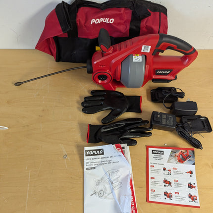 Actual unit: POPULO drain auger (tool only) with carry bag, gloves and manuals