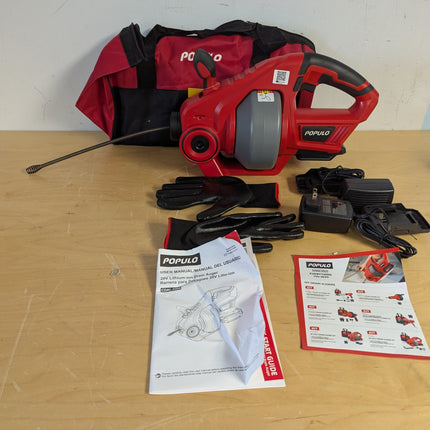 Actual unit: POPULO drain auger (tool only) with carry bag, gloves and manuals