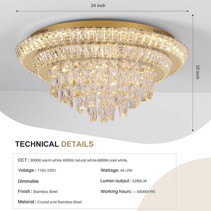 REDSTAR 24 inch crystal flush mount ceiling light, gold