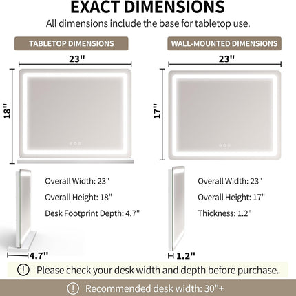 ROLOVE vanity mirror dimensions, tabletop and wall mounted — product image