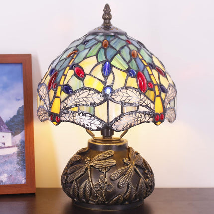 Small Tiffany lamp, mini stained glass yellow dragonfly table lamp