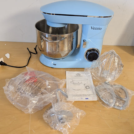 Actual unit: Vezzio stand mixer in blue with bagged attachments and manual