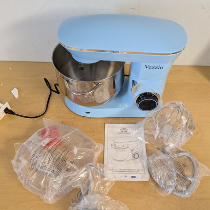 Actual unit: Vezzio stand mixer in blue with bagged attachments and manual