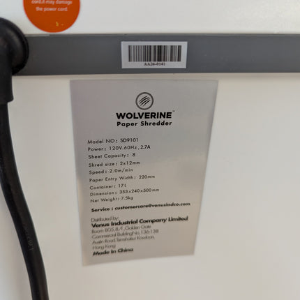 Actual unit: WOLVERINE SD9101 rating label