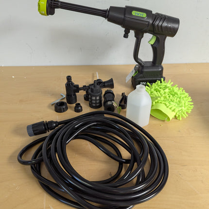 Actual unit: YKYI cordless pressure washer with battery, 24 ft hose, 6-in-1 nozzle, foam bottle and wash mitt