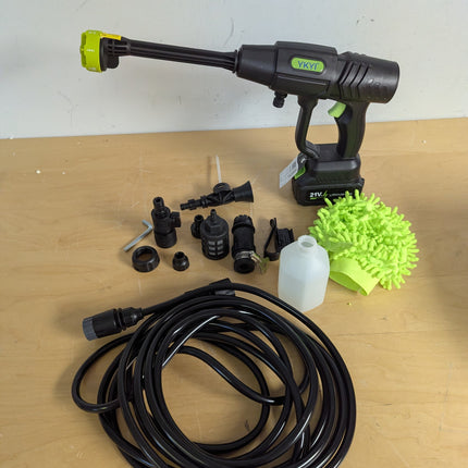 Actual unit: YKYI cordless pressure washer with battery, 24 ft hose, 6-in-1 nozzle, foam bottle and wash mitt
