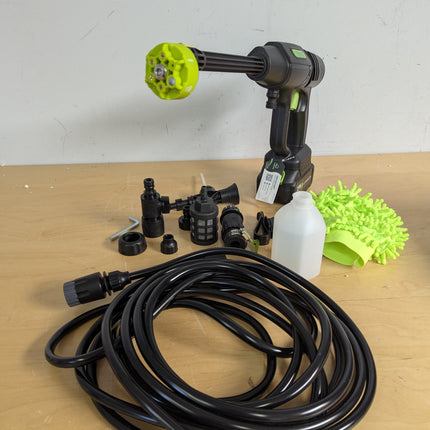 Actual unit: YKYI cordless pressure washer with battery, 24 ft hose, 6-in-1 nozzle, foam bottle and wash mitt