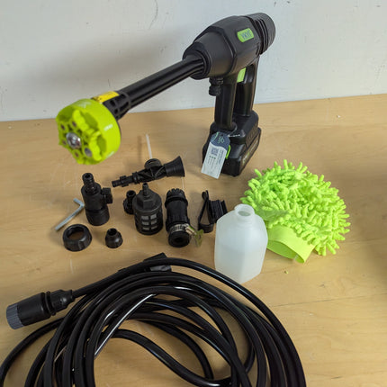 Actual unit: YKYI cordless pressure washer with battery, 24 ft hose, 6-in-1 nozzle, foam bottle and wash mitt